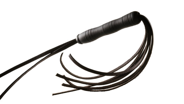 Isolated black leather flogger with a textured handle and multiple flowing straps