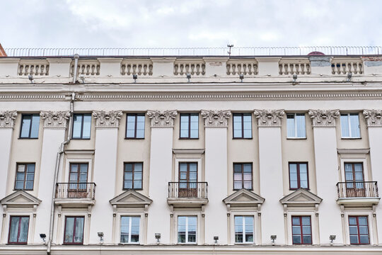 Stalinist empire style building facade in Minsk, Belarus. Historical architecture of Soviet era.