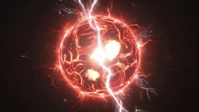 Electrifying lightning storm with glowing fiery sphere and lightning bolts
