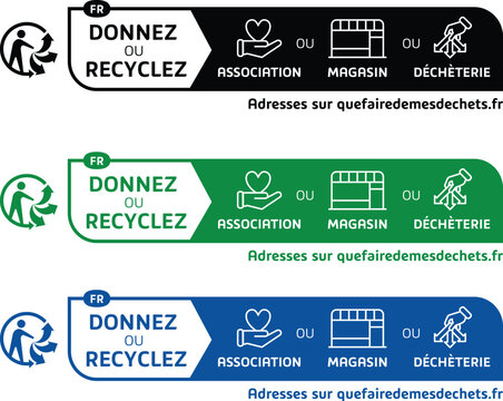 French recycling and donation signage banner triman with website reference guiding association, retail, delivery, and recycling center choices for packaging waste sorting compliance