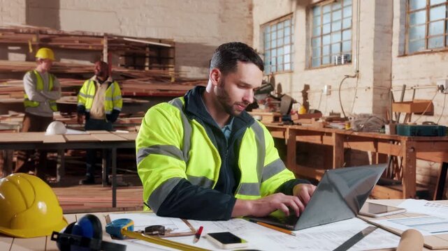 Man, carpenter and stretching at laptop with planning, align posture and ready for productivity. Project manager, computer and start work in factory with typing, woodworking ideas and feedback