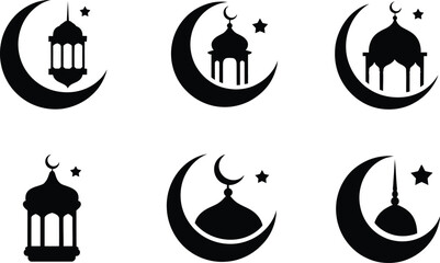 Islamic ramadan lantern and mosque dome silhouettes set with crescent silhouette religion spiritual traditional isolated monochrome devotion community abstract minimalist celebration © MstAsmaAkter