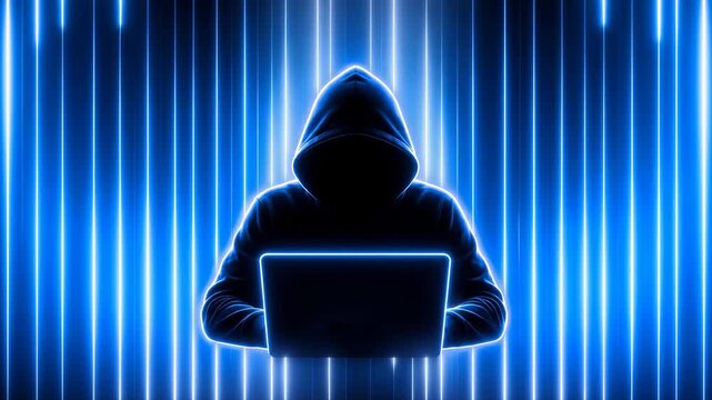 Anonymous Hacker Using Laptop in Blue Neon Light Background, Cybersecurity Threat, Data Protection, Network Security, Digital Privacy, Video