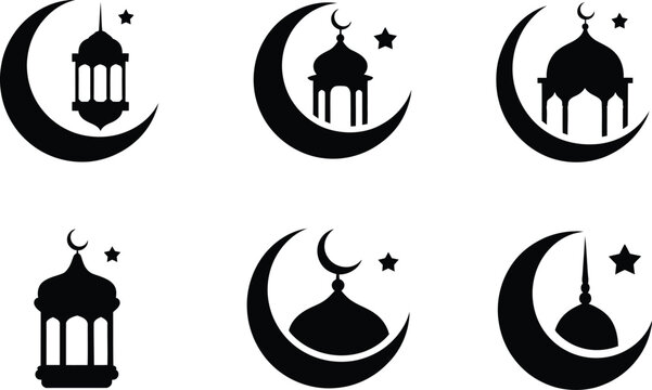 Islamic ramadan lantern and mosque dome silhouettes set with crescent silhouette religion spiritual traditional isolated monochrome devotion community abstract minimalist celebration