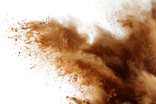Explosion of brown earth particles dust and soil particles in midair with explosion particles abstract movement background isolated floating blasting disintegration material atmospheric