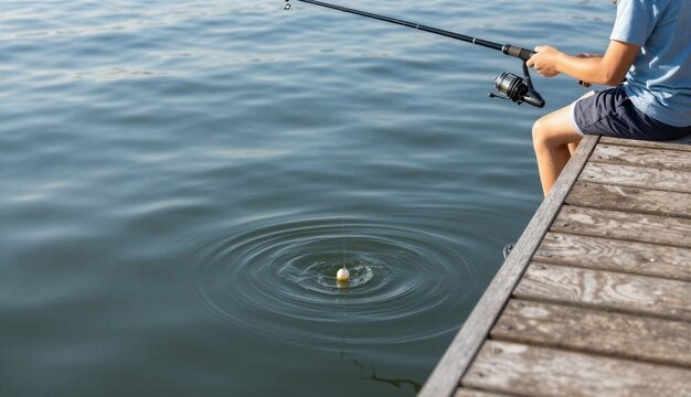 A boy fishing with a rod from a wooden pier, in a calm and contemplative mood, watching the float on the water, against a serene lake backdrop
