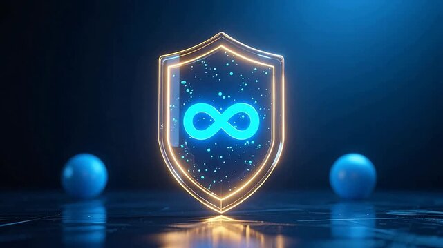 Glowing blue infinity symbol in a golden shield