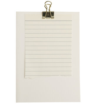 Set of blank, lined torn notebook paper sheets, golden binder clip. Empty note pages mockups isolated on white background. Scrapbooking, journaling, stationery object. Message reminder office template