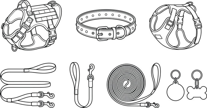 Tactical Dog Harness and Heavy Duty Training Gear Outline Icon Set featuring Studded Collar, Double Handle Leash, Long Tracking Line, and ID Tags
