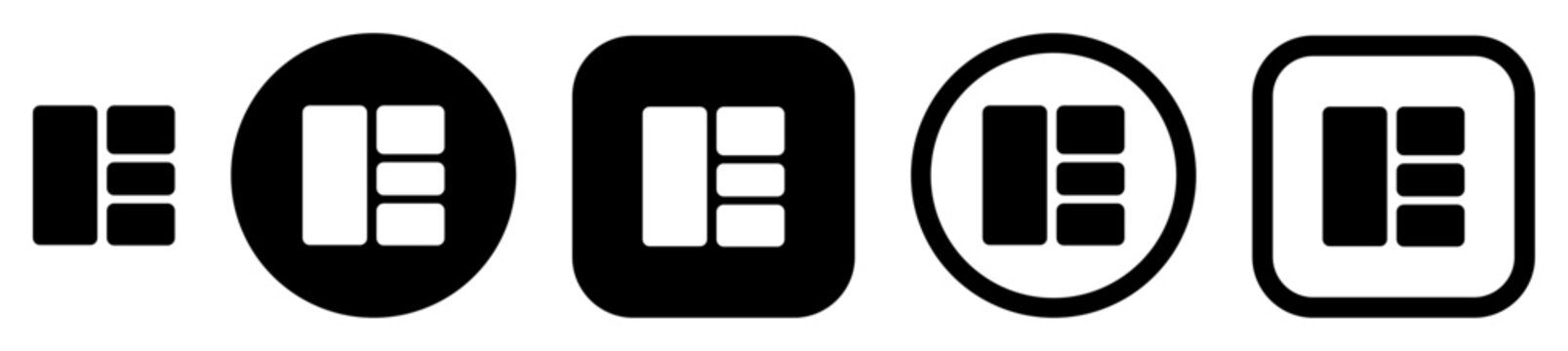 Dashboard layout icon set in solid, outline, circle and square styles. Layout control icons for sidebar navigation, web and mobile interfaces, admin dashboards and applications. 