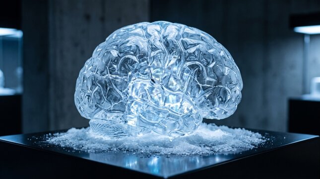 Human brain sculpted from ice on a bed of frost, representing mental numbness, brain freeze, dementia, cognitive decline, and neurological disorders in a cool blue setting.
