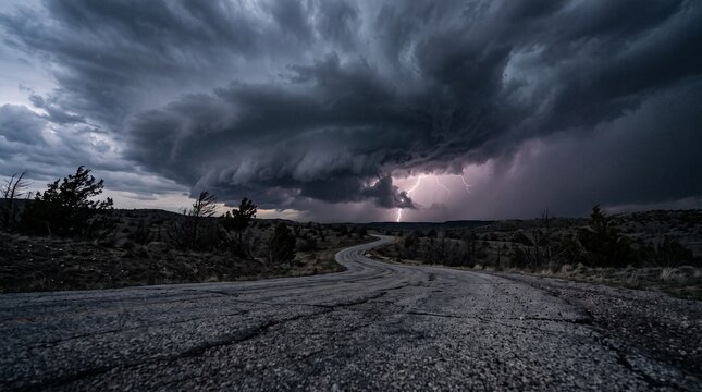 Winding cracked road leading into a dark thunderstorm with lightning, representing depression, mental health struggle, anxiety, path to recovery, and psychological crisis.