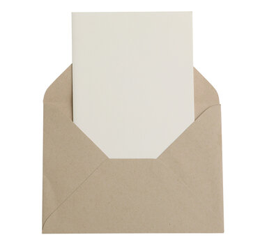 Blank white invitation card mock up in open beige envelope made from textured craft fiber paper. Greeting card invitation template, mailing concept. Object isolated on transparent background