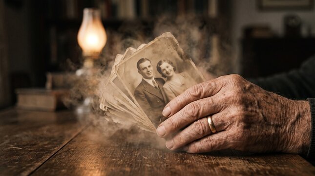 Elderly hand holding a fading old photograph of a young couple, symbolizing dementia, Alzheimer's disease, memory loss, grief, and nostalgic recollections of aging.