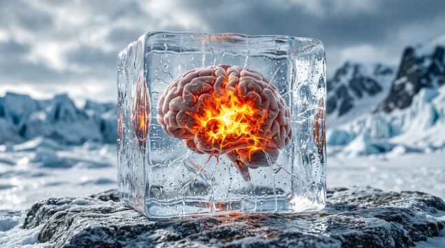 Burning human brain trapped inside a melting ice cube in a frozen arctic landscape, representing brain freeze, migraine pain, cognitive burnout, and fever.