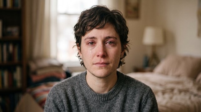 Tearful young person looking directly at the camera with sad eyes, crying inside home bedroom, mental health struggles, grief, sadness, and depression concept portrait.