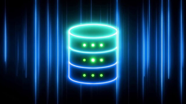 Glowing Database Server Rack Icon on Blue Neon Light Background, Data Storage, Cloud Infrastructure, Information Management, Technology Concept, Video