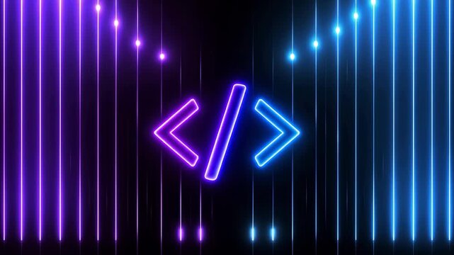 Glowing Programming Code Symbol on Futuristic Neon Light Background, Software Development, Web Coding, Digital Technology, Developer Concept, Video