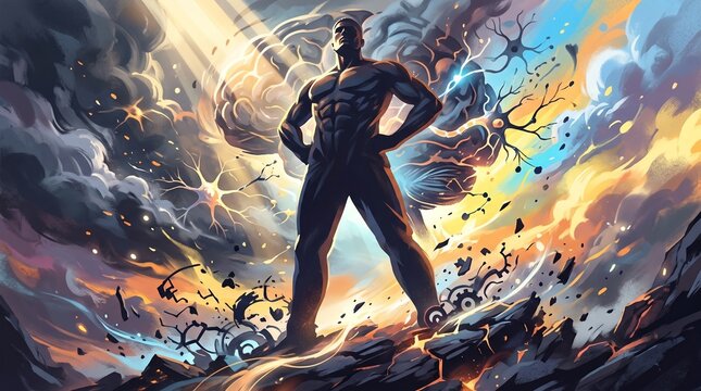 Muscular silhouette standing strong amidst neural pathways and brain structures, representing mental resilience, brain health, cognitive power, and overcoming illness.