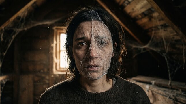 Distressed woman with cobwebs covering her face in a dusty dark attic, symbolizing mental illness, severe depression, isolation, feeling trapped, and psychological trauma.