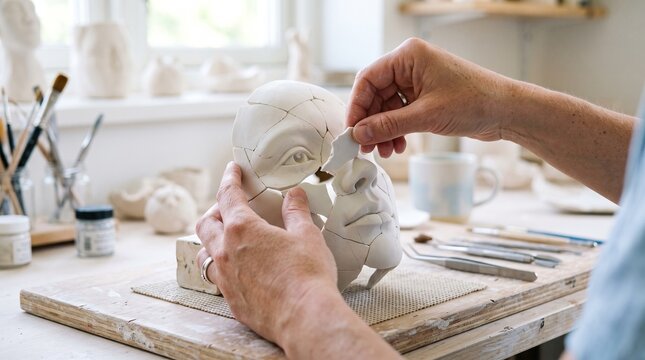 Hands assembling a shattered ceramic face sculpture, metaphor for mental health recovery, psychological healing, art therapy, repairing trauma, and rebuilding the mind.