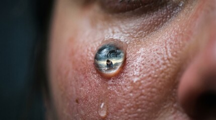 Fototapeta premium Surreal tear on a crying face reflecting a depressed woman tormented by a dark monstrous hand, symbolizing mental health struggle, anxiety, depression, and psychological trauma.