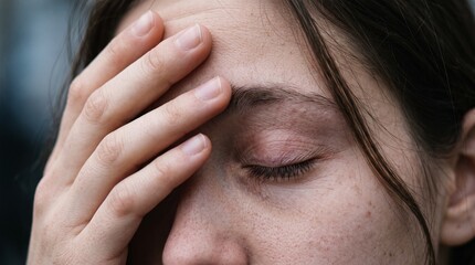 Fototapeta premium Woman touching her forehead in pain, experiencing a severe migraine, headache, fever, or intense mental stress, close-up portrait of illness and exhaustion.