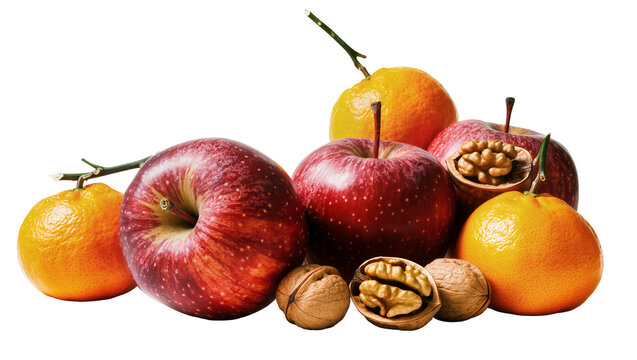 Isolated fresh red apples, sweet tangerines, and walnuts arranged in a healthy still life