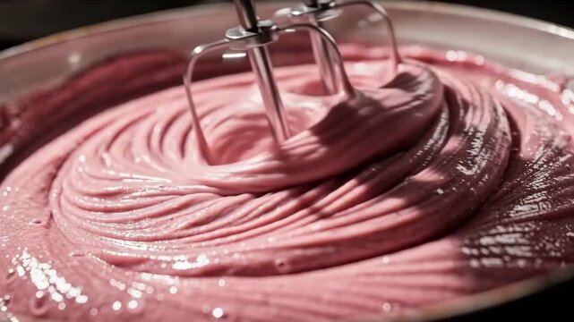 Pink thick creamy mixture being whipped metal bowl forming smooth glossy waves macro closeup highlighting rich texture fluid motion and soft reflections dessert preparation concept in modern kitchen