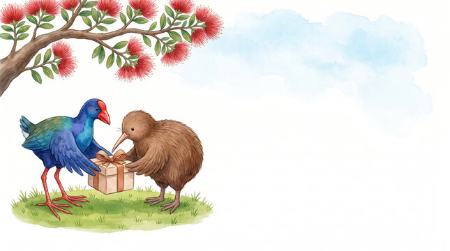 New Zealand birthday background with watercolor kiwi and pukeko birds holding gift box under blooming pohutukawa tree, copy space