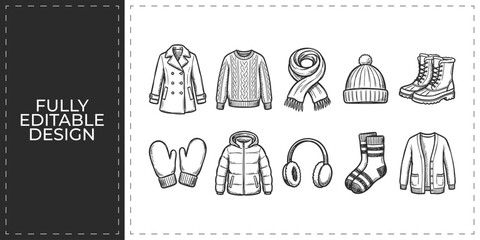 Winter outerwear and heavy puffer jackets doodle icons set for seasonal fashion boutique and cold weather mountain travel gear branding graphics design set © Ashik  Khan