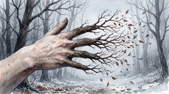 Surreal hand transforming into bare tree branches with falling leaves, conceptual watercolor art symbolizing degenerative disease, physical decay, aging, and grief.