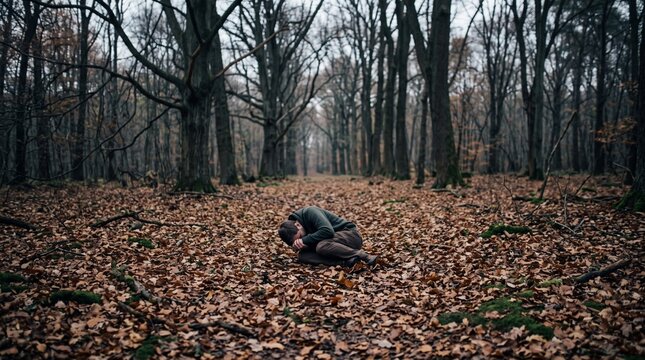 Depressed man curled in fetal position on forest floor covered in dead leaves, representing mental health crisis, despair, loneliness, emotional trauma, and grief.