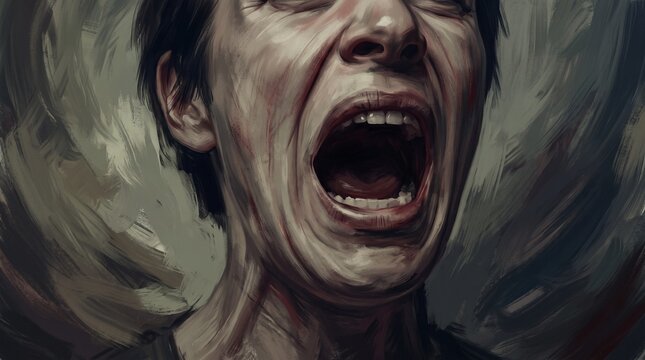 Close-up painting of a person screaming in intense pain and agony, expressing extreme mental distress, terror, panic attack, anxiety, trauma, and psychological suffering.