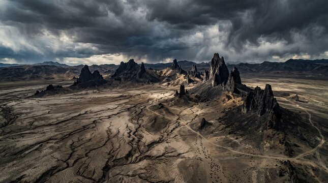 Desolate cracked earth desert with jagged dark spires under stormy clouds, symbolizing depression, mental health struggle, chronic pain, and the hard path to recovery.