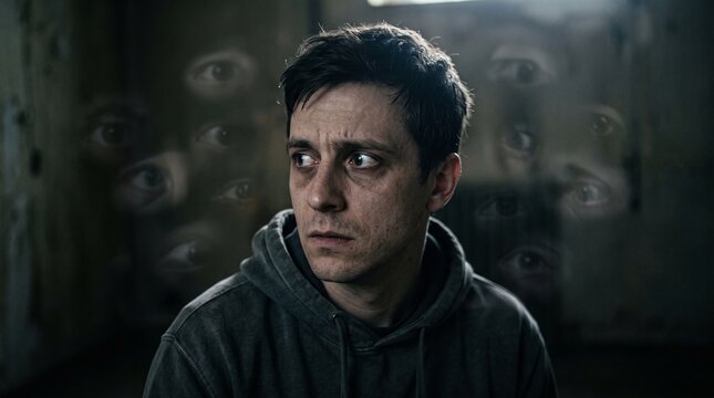 Paranoid man experiencing visual hallucinations of staring eyes, illustrating schizophrenia, mental illness, psychosis, panic, anxiety, and feeling constantly watched.