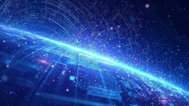 Abstract futuristic neon cyber space background with glowing blue light beam and digital data network