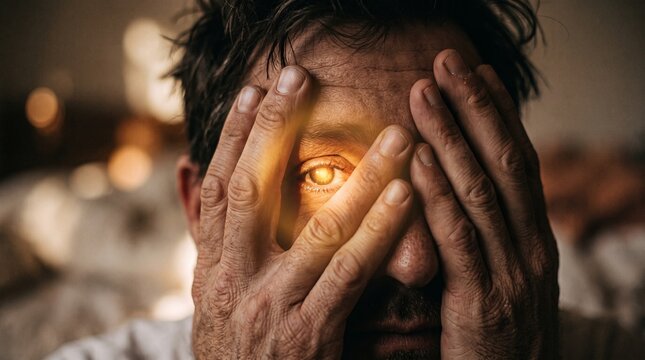 Man covering face with textured hands, glowing golden light shining from one peeking eye, symbolizing migraine, photophobia, anxiety, mental illness, and sensory overload.