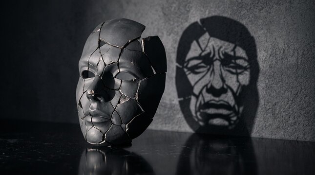 Cracked black mask casting a sorrowful, crying shadow on a textured wall, symbolizing depression, mental illness, grief, fractured psyche, and hidden emotional pain.