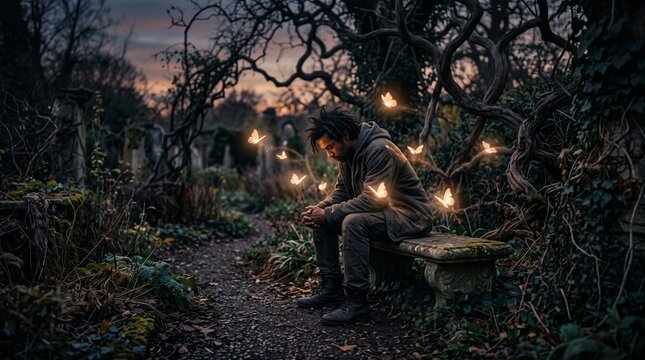 Thoughtful man sitting on a stone bench in a dark mystical garden with glowing butterflies, representing depression, grief, mental health struggles, and hope.