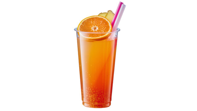 Isolated refreshing orange drink in a clear plastic cup with citrus, ginger, and straws