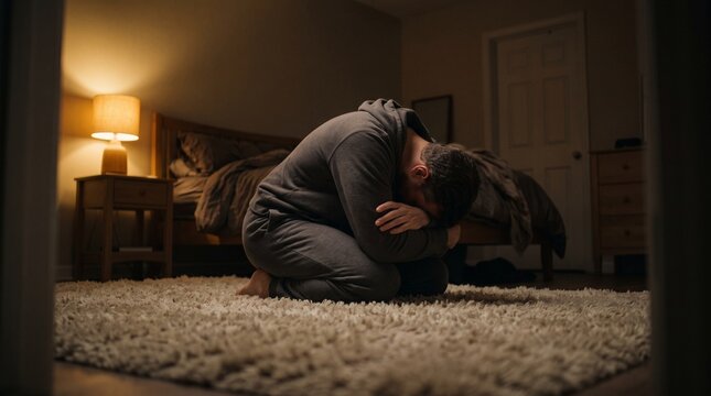 Man curled in fetal position on bedroom rug suffering from depression, mental health crisis, anxiety, or physical pain during emotional breakdown at night.