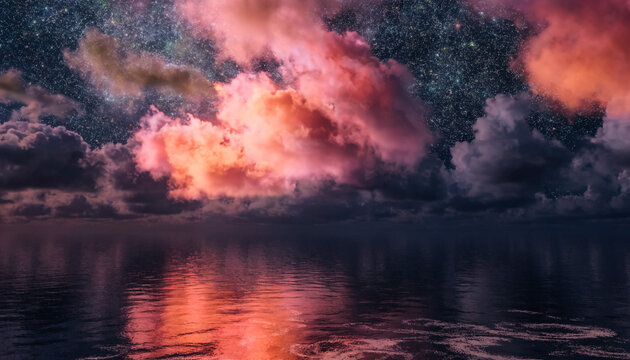 Dramatic pink clouds at sunset over water. Serene landscape with vibrant sky
