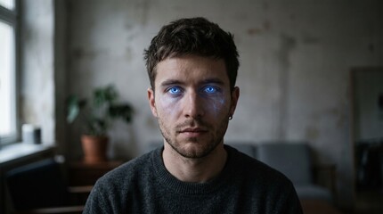 Fototapeta premium Futuristic man with glowing blue digital eyes representing cyber virus infection, screen addiction, neurological disorder, mental health illness, and cybernetic enhancement.