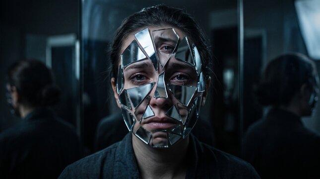 Distressed woman with broken mirror pieces on her face symbolizing depression, identity crisis, shattered self-image, mental illness, and emotional trauma.