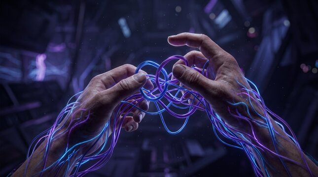Futuristic neural network connecting human hands with glowing nerve fibers, illustrating biotechnology, neuropathic healing, bio-hacking, and advanced medical science.