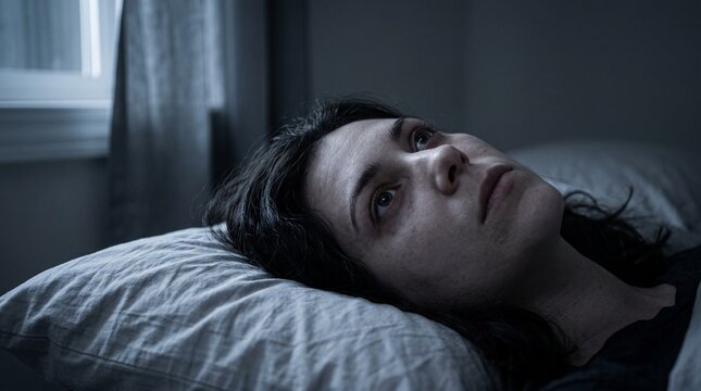 Depressed woman lying awake in bed, suffering from insomnia, anxiety, and mental health struggles during a sleepless night, sad and lonely atmosphere.