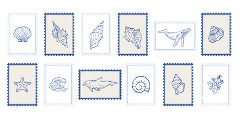 Vintage nautical postage stamp clipart set with seashells, whale, dolphin, starfish and coral line art © Iryna Danyliuk