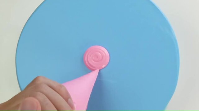 Piping a pink frosting swirl onto the center of a blue cake top-down close-up