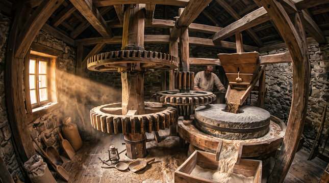 Rustic interior of historic wooden watermill with giant grinding stone gears, traditional miller working in background processing grain, heritage food production and slow living concept